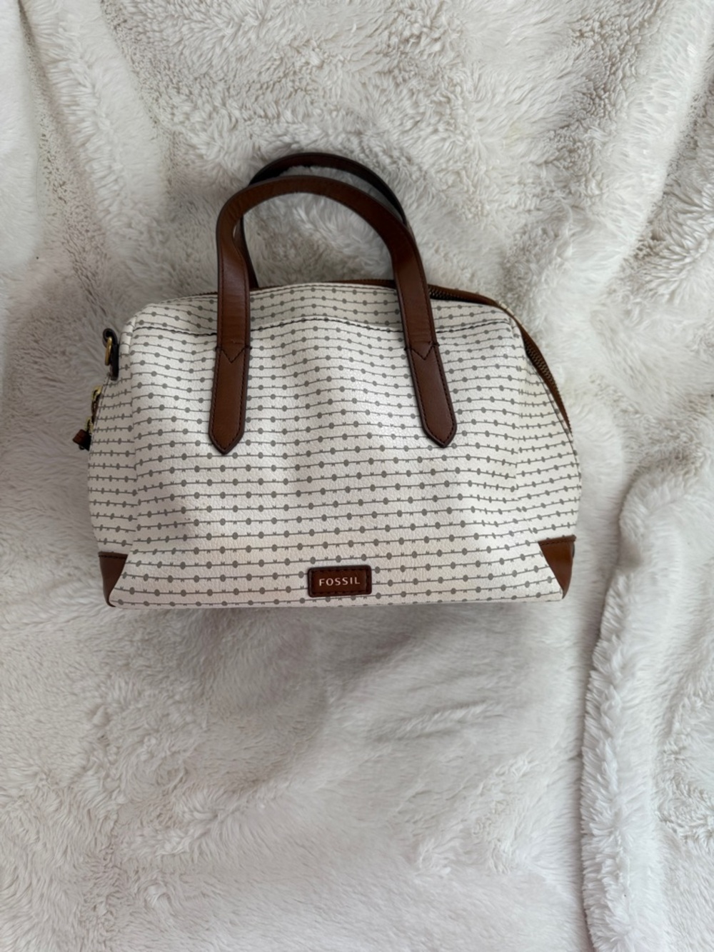 Fossil Cream Satchel with Brown Trim